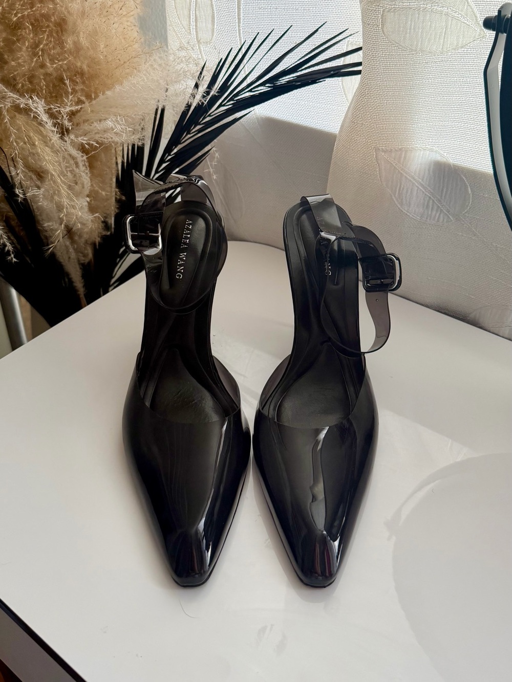 Zara Woman Black Pointed Slingback Heels with Ankle Strap